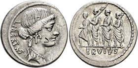 M. Junius Brutus, 54 BC. Denarius (Silver, 20 mm, 3.78 g, 9 h), Rome. LIBERTAS Head of Libertas to right, wearing pendant earring and necklace. Rev. B...