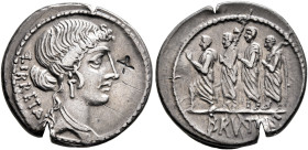 M. Junius Brutus, 54 BC. Denarius (Silver, 19 mm, 3.71 g, 12 h), Rome. LIBRETAS (sic!) Head of Libertas to right, wearing pendant earring and necklace...