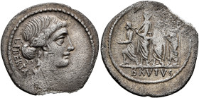 M. Junius Brutus, 54 BC. Denarius (Silver, 20 mm, 3.18 g, 6 h), Rome. LIBERTAS Head of Libertas to right, wearing pendant earring and necklace. Rev. B...