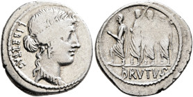 M. Junius Brutus, 54 BC. Denarius (Silver, 20 mm, 3.84 g, 11 h), Rome. LIBERTAS Head of Libertas to right, wearing pendant earring and necklace. Rev. ...