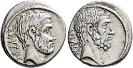 M. Junius Brutus, 54 BC. Denarius (Silver, 18 mm, 4.00 g, 6 h), Rome. BRVTVS Bearded head of L. Junius Brutus to right. Rev. AHALA Bearded head of C. ...