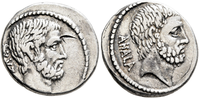 M. Junius Brutus, 54 BC. Denarius (Silver, 18 mm, 4.00 g, 4 h), Rome. BRVT[VS] B...