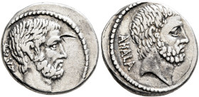 M. Junius Brutus, 54 BC. Denarius (Silver, 18 mm, 4.00 g, 4 h), Rome. BRVT[VS] Bearded head of L. Junius Brutus to right. Rev. AHALA Bearded head of C...