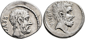 M. Junius Brutus, 54 BC. Denarius (Silver, 18 mm, 3.63 g, 7 h), Rome. BRVTV[S] Bearded head of L. Junius Brutus to right. Rev. AHALA Bearded head of C...