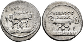 Q. Pompeius Rufus, 54 BC. Denarius (Silver, 19 mm, 3.50 g, 1 h), Rome. Q•POM[PEI•Q•F] / RVFVS Curule chair between arrow and laurel branch; below, COS...