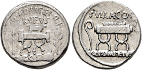 Q. Pompeius Rufus, 54 BC. Denarius (Silver, 18 mm, 3.90 g, 12 h), Rome. Q•POMPEI•Q•F / RVFVS Curule chair between arrow and laurel branch; below, COS ...