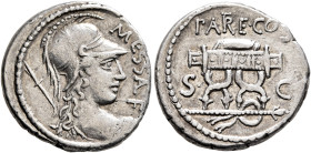 M. Valerius Messalla, 53 BC. Denarius (Silver, 18 mm, 3.91 g, 4 h), Rome. MESS AL •F Bust of Roma to right, wearing crested Corinthian helmet and hold...