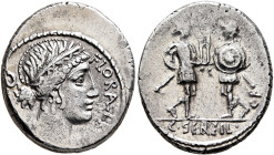 C. Servilius C.f, 53 BC. Denarius (Silver, 19 mm, 4.00 g, 6 h), Rome. FLOR AL PRI MV S Wreathed head of Flora to right; in field to left, lituus. Rev....