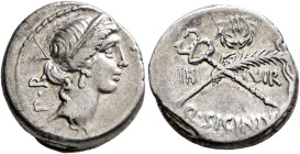 Q. Sicinius, 49 BC. Denarius (Silver, 16 mm, 3.83 g, 9 h), Rome. FORT - P•R Diademed head of Fortuna Populi Romani to right, wearing triple-pendant ea...