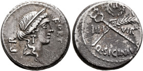 Q. Sicinius, 49 BC. Denarius (Silver, 18 mm, 3.98 g, 12 h), Rome. FORT - P•R Diademed head of Fortuna Populi Romani to right, wearing triple-pendant e...