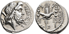 Cn. Nerius, 49 BC. Denarius (Silver, 18 mm, 3.86 g, 6 h), with L. Lentulus and Claudius Marcellus, Rome. NE RI•Q• VR B Head of Saturn to right, with h...