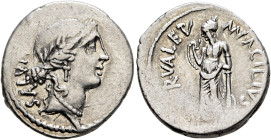 Man. Acilius Glabrio, 49 BC. Denarius (Silver, 19 mm, 3.88 g, 6 h), Rome. SALVT[IS] Head of Salus to right, wearing laurel wreath, pendant earring and...