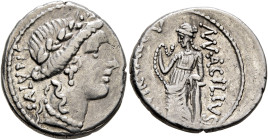 Man. Acilius Glabrio, 49 BC. Denarius (Silver, 18 mm, 3.73 g, 3 h), Rome. SALVTIS Head of Salus to right, wearing laurel wreath, pendant earring and p...