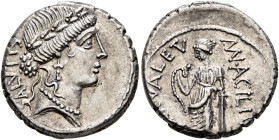 Man. Acilius Glabrio, 49 BC. Denarius (Silver, 18 mm, 4.02 g, 6 h), Rome. SALVTIS Head of Salus to right, wearing laurel wreath, pendant earring and p...