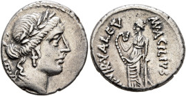 Man. Acilius Glabrio, 49 BC. Denarius (Silver, 18 mm, 3.85 g, 1 h), Rome. [S]ALVTIS Head of Salus to right, wearing laurel wreath, pendant earring and...