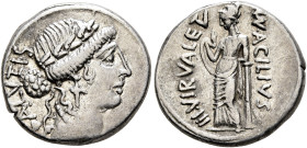 Man. Acilius Glabrio, 49 BC. Denarius (Silver, 17 mm, 4.04 g, 1 h), Rome. SALVTIS Head of Salus to right, wearing laurel wreath, pendant earring and p...