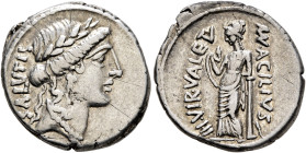 Man. Acilius Glabrio, 49 BC. Denarius (Silver, 19 mm, 3.80 g, 3 h), Rome. SALVTIS Head of Salus to right, wearing laurel wreath, pendant earring and p...