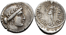 Man. Acilius Glabrio, 49 BC. Denarius (Silver, 19 mm, 3.61 g, 3 h), Rome. SALVTIS Head of Salus to right, wearing laurel wreath, pendant earring and p...