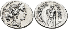 Man. Acilius Glabrio, 49 BC. Denarius (Silver, 20 mm, 3.95 g, 6 h), Rome. SALVTIS Head of Salus to right, wearing laurel wreath, pendant earring and p...