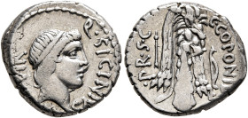 Q. Sicinius and C. Coponius, 49 BC. Denarius (Silver, 17 mm, 3.78 g, 12 h), military mint moving with Pompey in the East. Q•SICINIVS - III[•VIR] Diade...