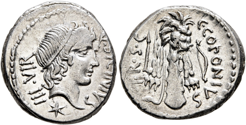 Q. Sicinius and C. Coponius, 49 BC. Denarius (Silver, 18 mm, 4.00 g, 5 h), milit...