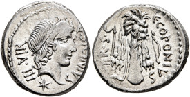 Q. Sicinius and C. Coponius, 49 BC. Denarius (Silver, 18 mm, 4.00 g, 5 h), military mint moving with Pompey in the East. Q•SICINIVS - III•VIR Diademed...