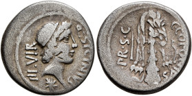 Q. Sicinius and C. Coponius, 49 BC. Denarius (Silver, 18 mm, 3.66 g, 3 h), military mint moving with Pompey in the East. Q•SICINIVS - III•VIR Diademed...