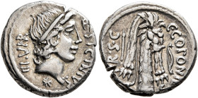 Q. Sicinius and C. Coponius, 49 BC. Denarius (Silver, 17 mm, 4.00 g, 3 h), military mint moving with Pompey in the East. Q•SICINIVS - III•VIR Diademed...