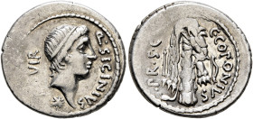 Q. Sicinius and C. Coponius, 49 BC. Denarius (Silver, 19 mm, 3.75 g, 6 h), military mint moving with Pompey in the East. Q•SICINIVS - [III•]VIR Diadem...