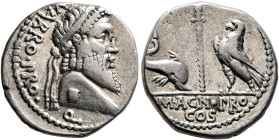 Cnaeus Pompeius Magnus (Pompey the Great). Denarius (Silver, 17 mm, 4.00 g, 12 h), with Varro, proquaestor. Military mint moving with Pompey in Greece...