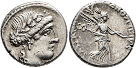 L. Hostilius Saserna, 48 BC. Denarius (Silver, 17 mm, 3.81 g, 2 h), Rome. Female head to right, wearing oak wreath. Rev. L HOSTILIVS SASERNA Victory a...