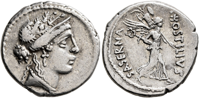 L. Hostilius Saserna, 48 BC. Denarius (Silver, 19 mm, 3.88 g, 8 h), Rome. Female...