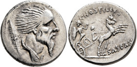 L. Hostilius Saserna, 48 BC. Denarius (Silver, 19 mm, 3.93 g, 3 h), Rome. Draped male bust (Vercingetorix?) with wild hair and long plaited beard to r...