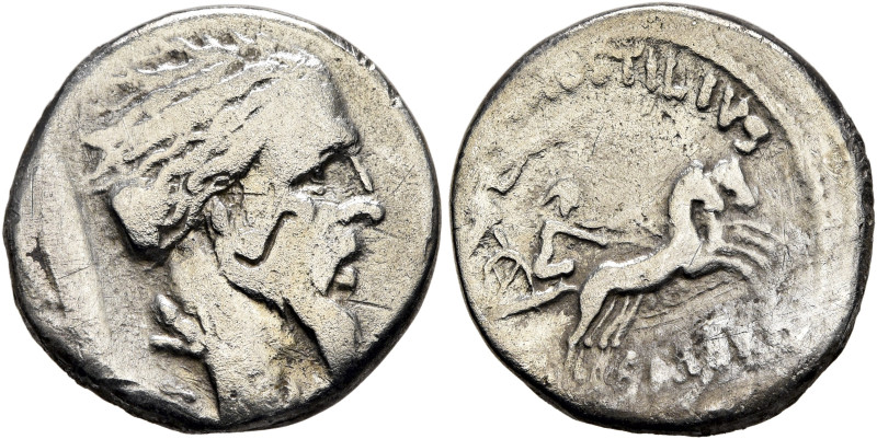 L. Hostilius Saserna, 48 BC. Denarius (Silver, 18 mm, 3.64 g, 10 h), Rome. Drape...