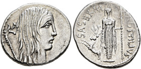 L. Hostilius Saserna, 48 BC. Denarius (Silver, 19 mm, 3.78 g, 5 h), Rome. Bare head of Gallia to right, wearing long hair; to left, carnyx (Gallic tru...