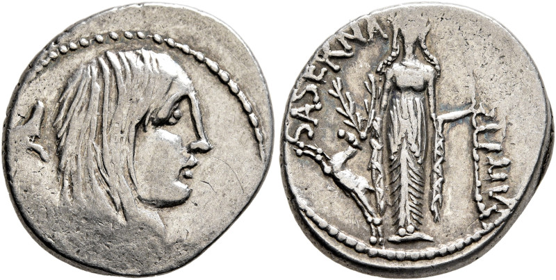 L. Hostilius Saserna, 48 BC. Denarius (Silver, 19 mm, 4.08 g, 3 h), Rome. Bare h...