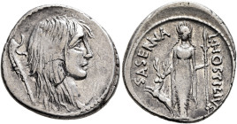 L. Hostilius Saserna, 48 BC. Denarius (Silver, 20 mm, 3.84 g, 8 h), Rome. Bare head of Gallia to right, wearing long hair; to left, carnyx (Gallic tru...