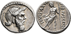 C. Vibius C.f. C.n. Pansa Caetronianus, 48 BC. Denarius (Silver, 17 mm, 3.91 g, 5 h), Rome. PANSA Mask of bearded Pan to right; behind, pedum. Rev. C•...