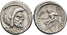 C. Vibius C.f. C.n. Pansa Caetronianus, 48 BC. Denarius (Silver, 18 mm, 4.16 g, 12 h), Rome. PANSA Mask of bearded Pan to right. Rev. C•VIBIVS•C F•C•[...