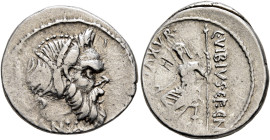 C. Vibius C.f. C.n. Pansa Caetronianus, 48 BC. Denarius (Silver, 19 mm, 3.94 g, 8 h), Rome. [P]ANSA Mask of bearded Pan to right; behind, pedum. Rev. ...