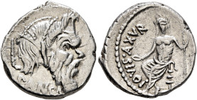 C. Vibius C.f. C.n. Pansa Caetronianus, 48 BC. Denarius (Silver, 17 mm, 3.78 g, 3 h), Rome. PANSA Mask of bearded Pan to right; behind, pedum. Rev. [C...