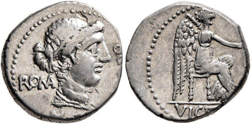 M. Porcius Cato, 47-46 BC. Denarius (Silver, 16 mm, 3.29 g, 9 h), Utica, spring ...