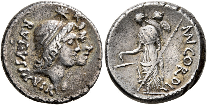 Mn. Cordius Rufus, 46 BC. Denarius (Silver, 17 mm, 4.26 g, 6 h), Rome. RVFVS III...