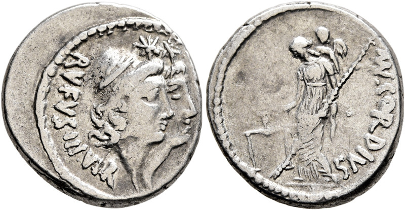 Mn. Cordius Rufus, 46 BC. Denarius (Silver, 18 mm, 3.62 g, 2 h), Rome. RVFVS III...