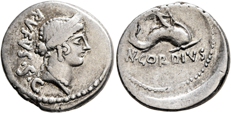 Mn. Cordius Rufus, 46 BC. Denarius (Silver, 19 mm, 4.08 g, 6 h), Rome. RVFVS•S•C...