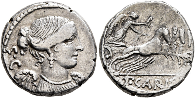 T. Carisius, 46 BC. Denarius (Silver, 16 mm, 3.74 g, 7 h), Rome. Draped bust of ...