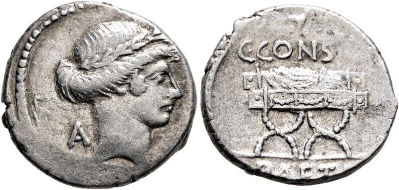 C. Considius Paetus, 46 BC. Denarius (Silver, 19 mm, 3.81 g, 6 h), Rome. Laureat...