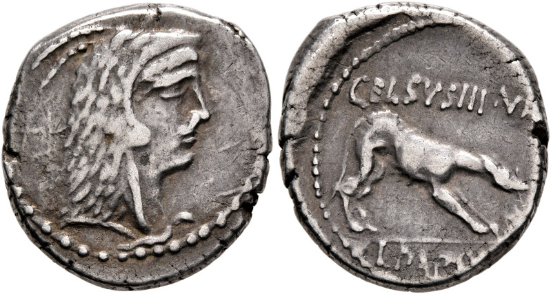 L. Papius Celsus, 45 BC. Denarius (Silver, 17 mm, 3.82 g, 1 h), Rome. Head of Ju...