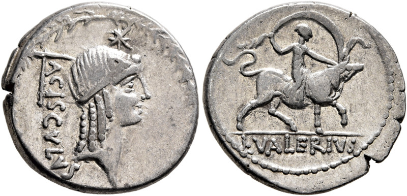 L. Valerius Acisculus, 45 BC. Denarius (Silver, 19 mm, 3.94 g, 11 h), Rome. ACIS...