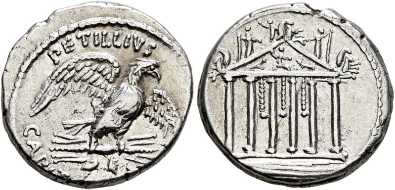 Petillius Capitolinus, 43 BC. Denarius (Silver, 18 mm, 3.91 g, 1 h), Rome. PETIL...